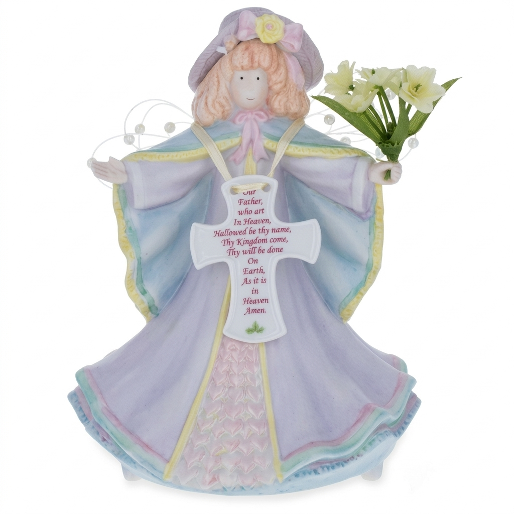Angel with Cross Porcelain Musical Figurine - Lord's Prayer Decor 6.5 Inches