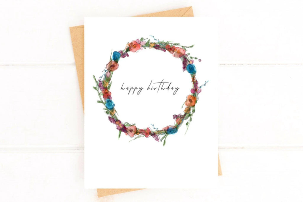Birthday Card - Watercolor Floral Wreath Greeting Card by Five Dot Post