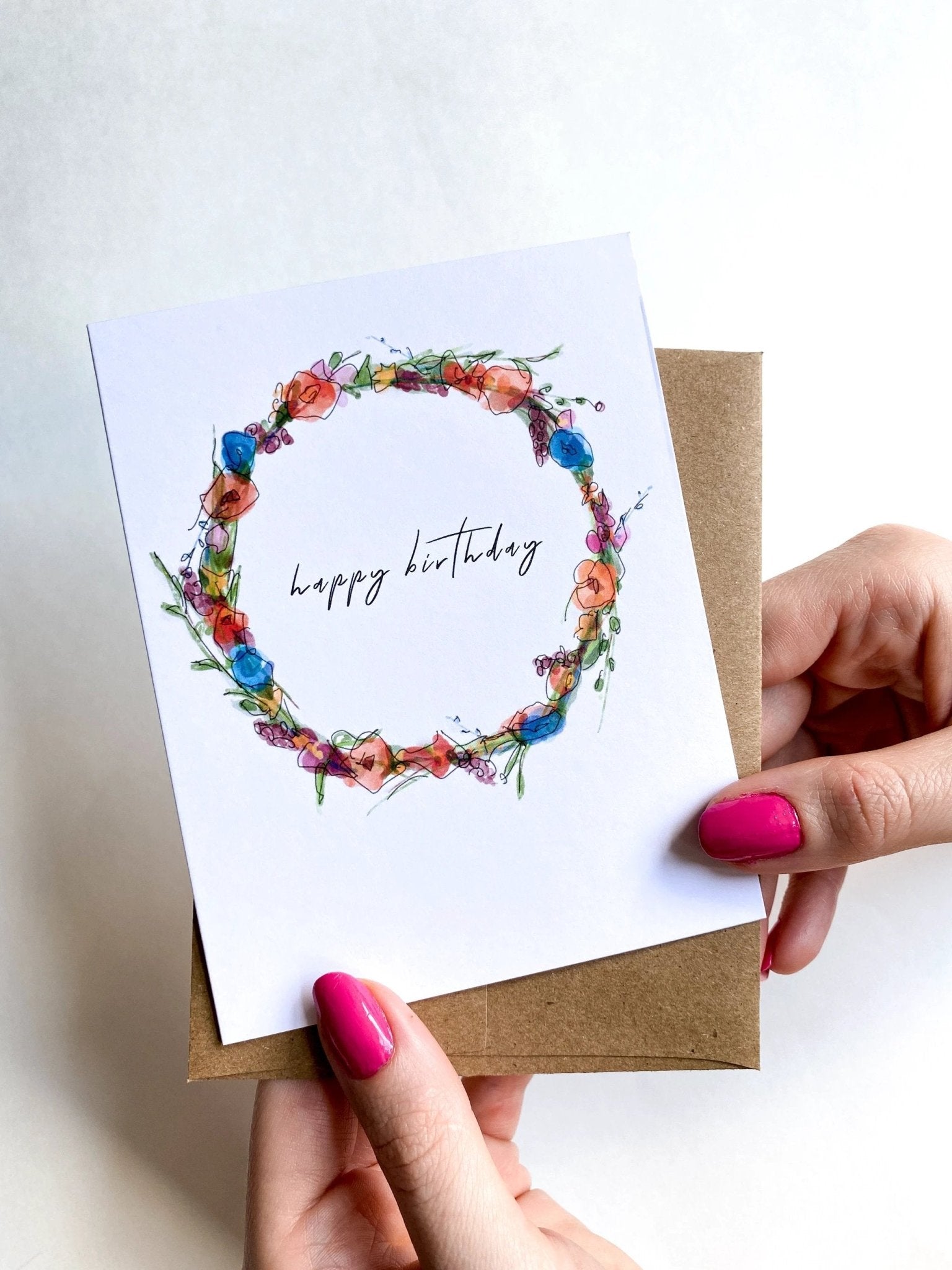 Birthday Card - Watercolor Floral Wreath Greeting Card by Five Dot Post