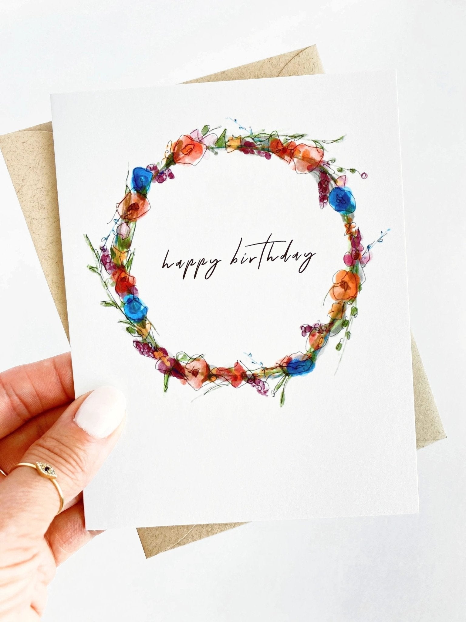 Birthday Card - Watercolor Floral Wreath Greeting Card by Five Dot Post