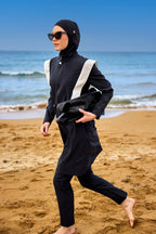Black Adjustable Waist Modest Burkini Set M2526-1 Covered Burkini Swimwear La Vie Bien Black Adjustable Waist Modest Burkini Set M2526-1