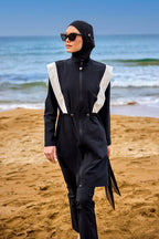 Black Adjustable Waist Modest Burkini Set M2526-1 Covered Burkini Swimwear La Vie Bien Black Adjustable Waist Modest Burkini Set M2526-1
