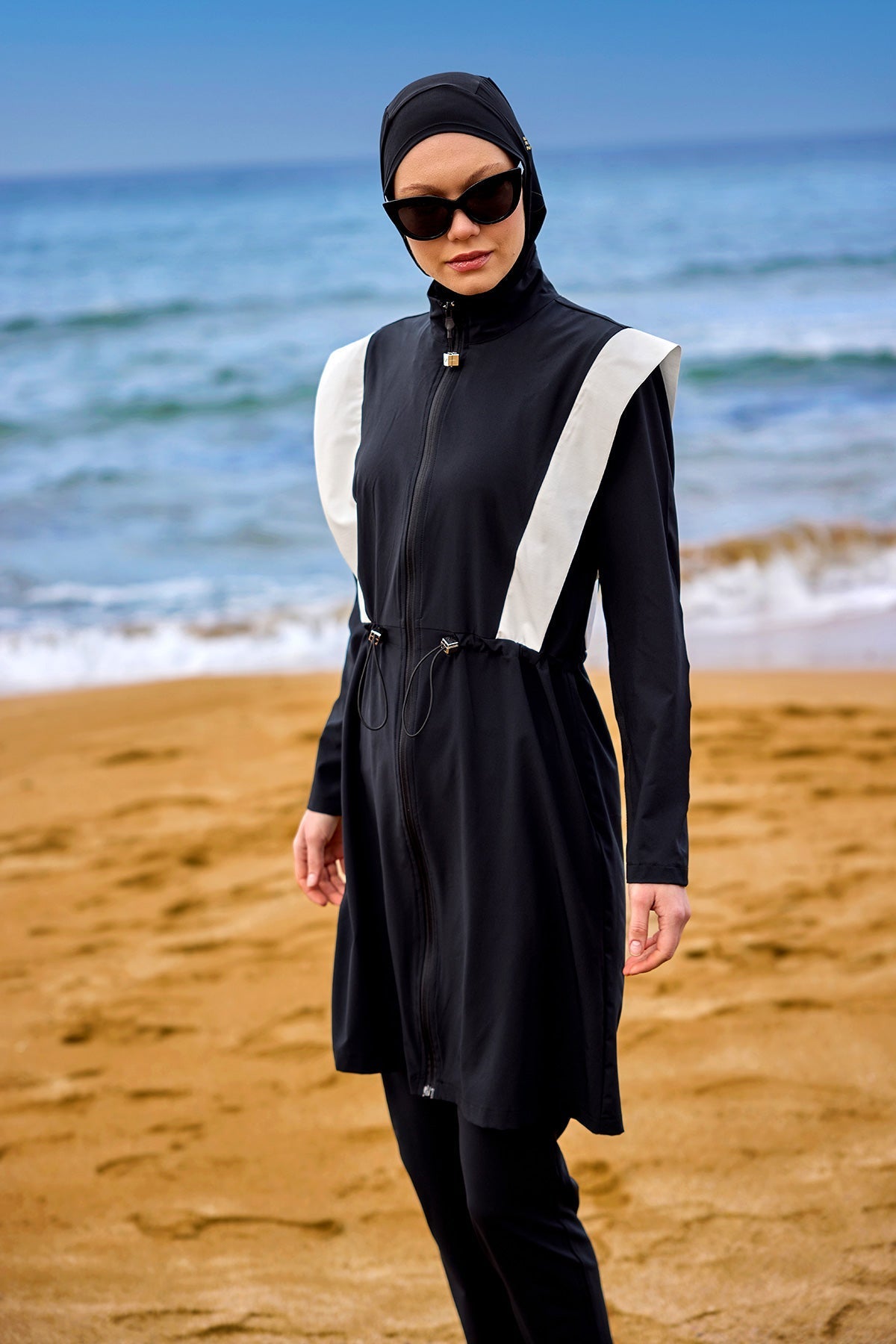 Black Adjustable Waist Modest Burkini Set M2526-1 Covered Burkini Swimwear La Vie Bien Black Adjustable Waist Modest Burkini Set M2526-1
