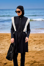 Black Adjustable Waist Modest Burkini Set M2526-1 Covered Burkini Swimwear La Vie Bien Black Adjustable Waist Modest Burkini Set M2526-1