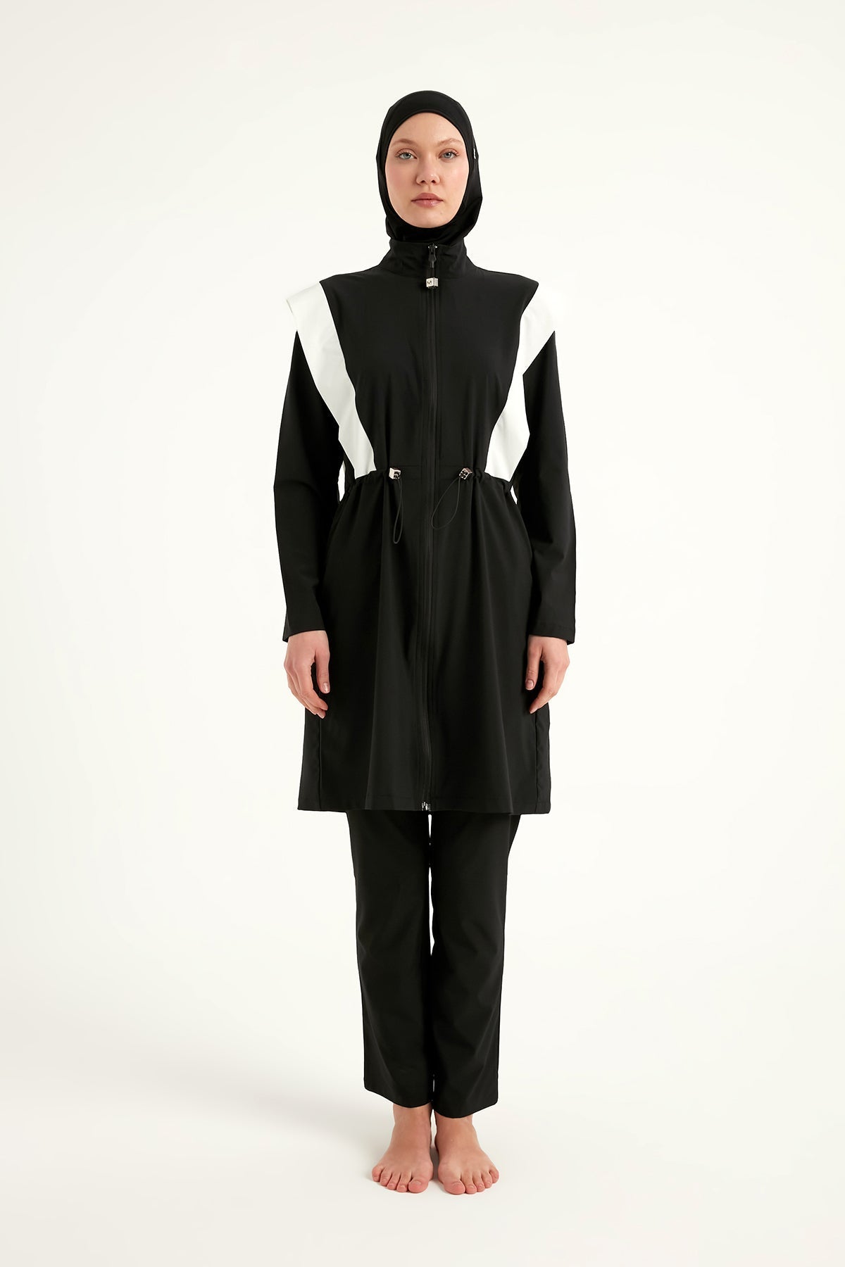 Black Adjustable Waist Modest Burkini Set M2526-1 Covered Burkini Swimwear La Vie Bien Black Adjustable Waist Modest Burkini Set M2526-1