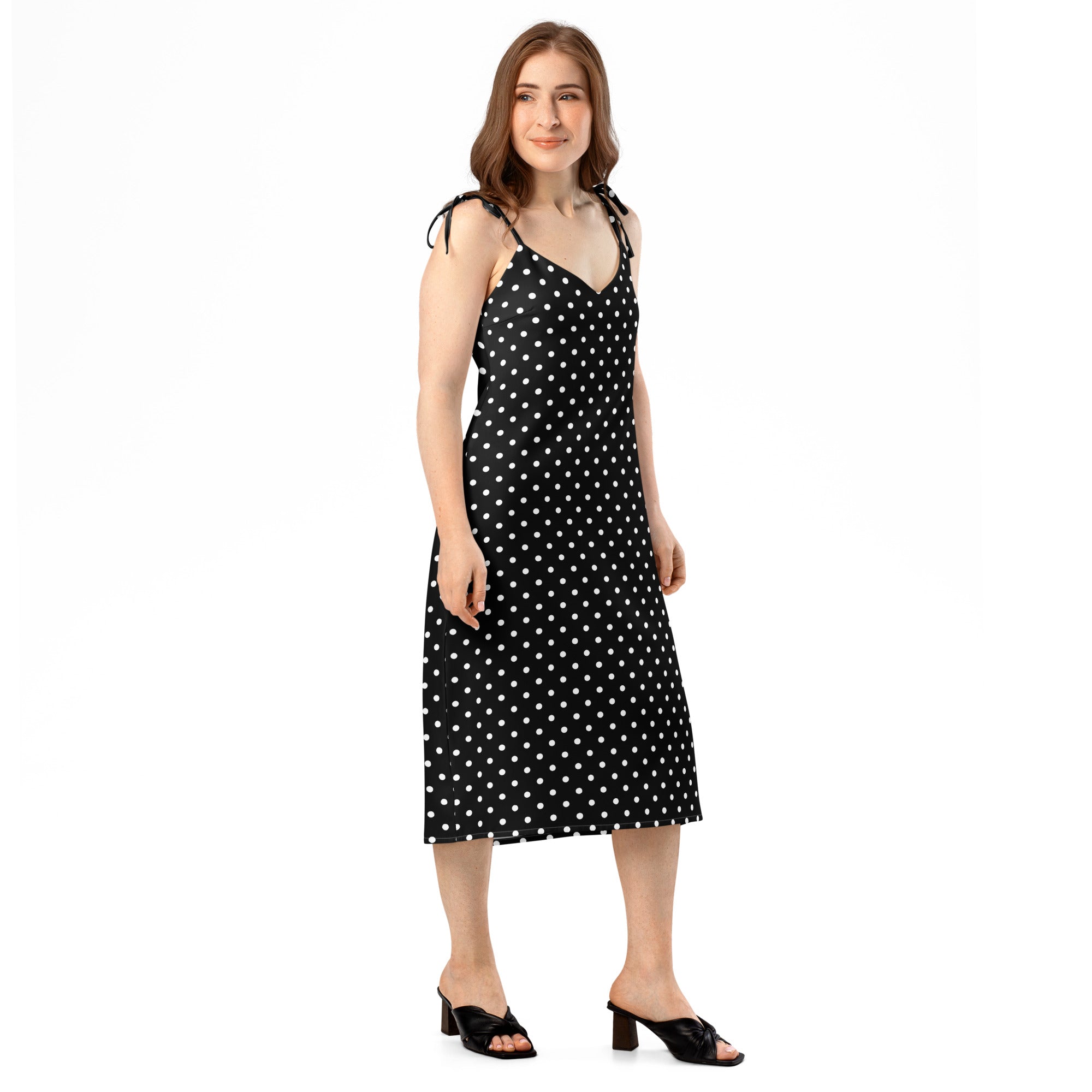 Black and white Polka dot Tie - strap midi dress