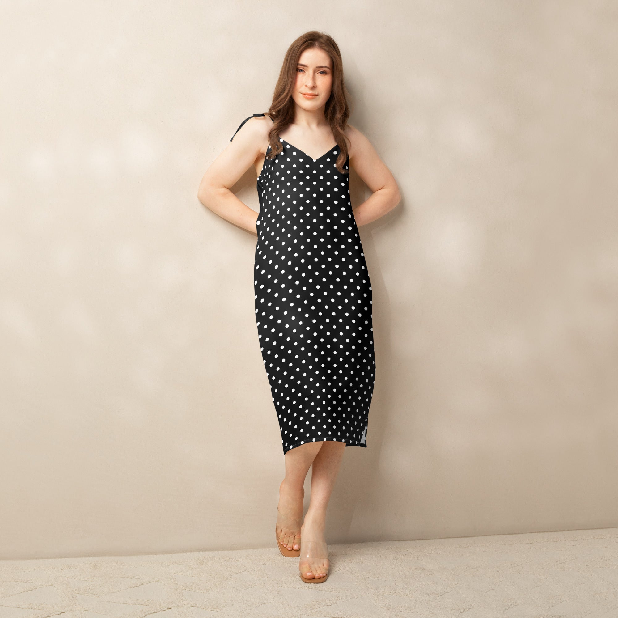 Black and white Polka dot Tie - strap midi dress