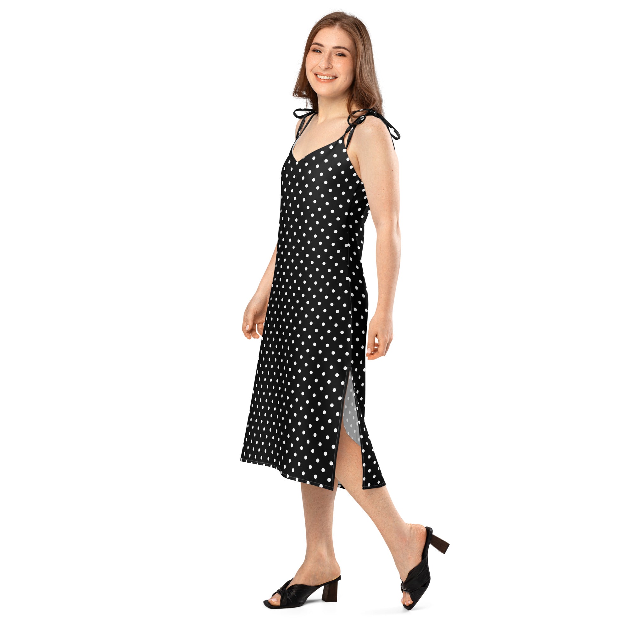Black and white Polka dot Tie - strap midi dress