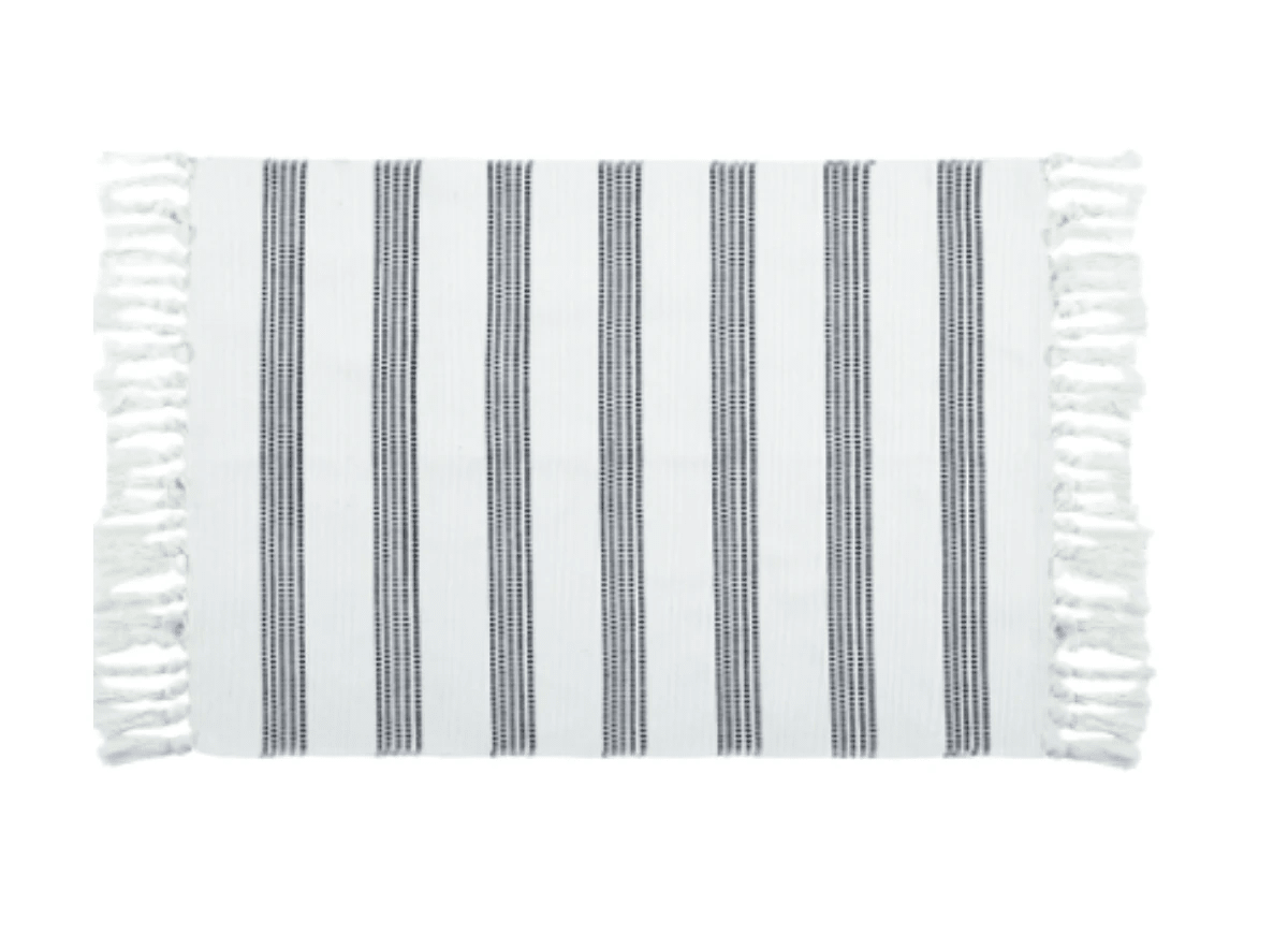 Black and White Striped Accent Rug With Fringe by Nickel Designs Custom Doormats
