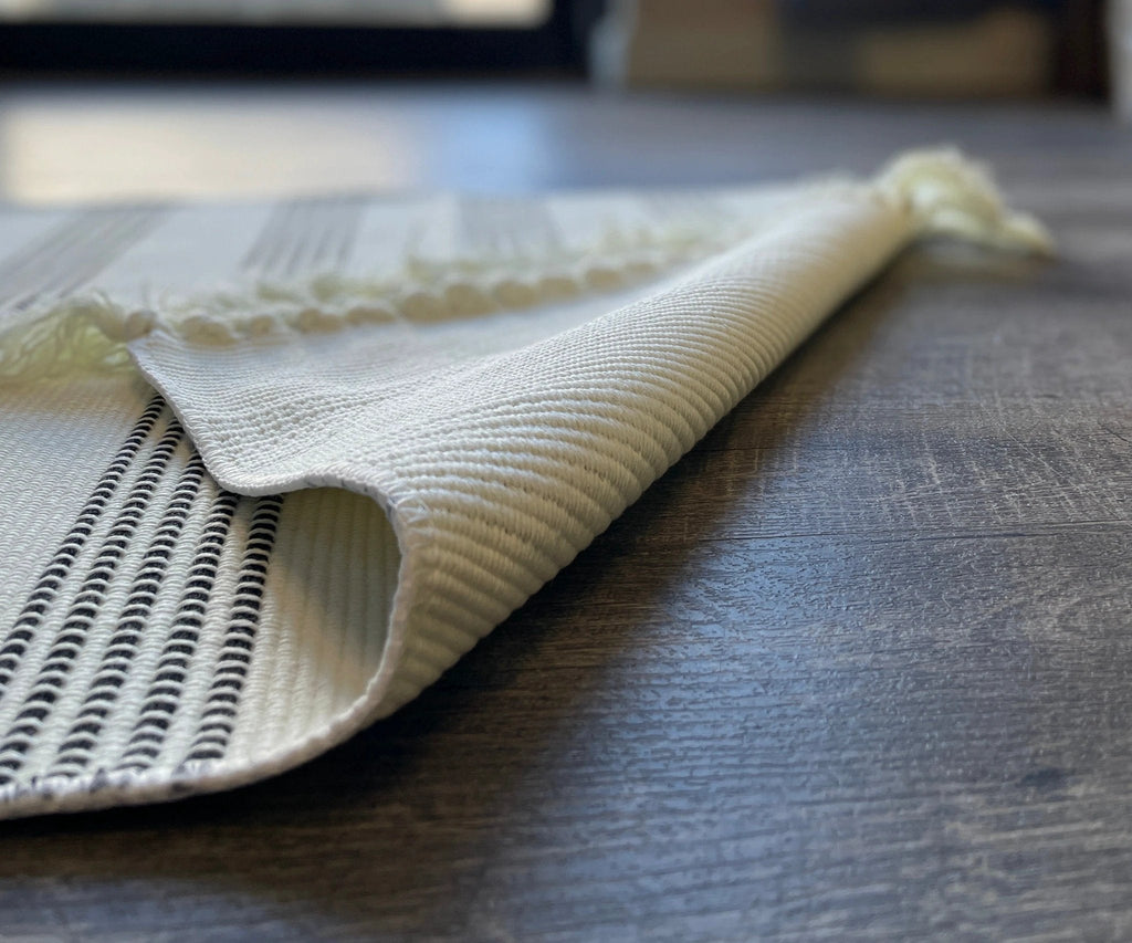 Black and White Striped Accent Rug With Fringe by Nickel Designs Custom Doormats