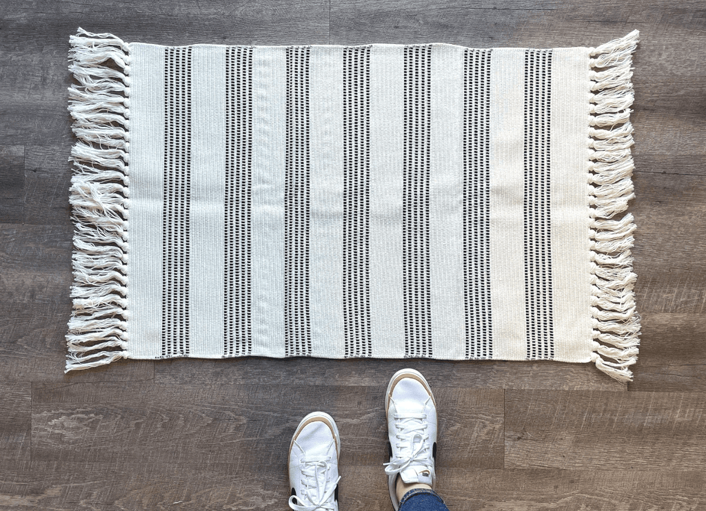 Black and White Striped Accent Rug With Fringe by Nickel Designs Custom Doormats
