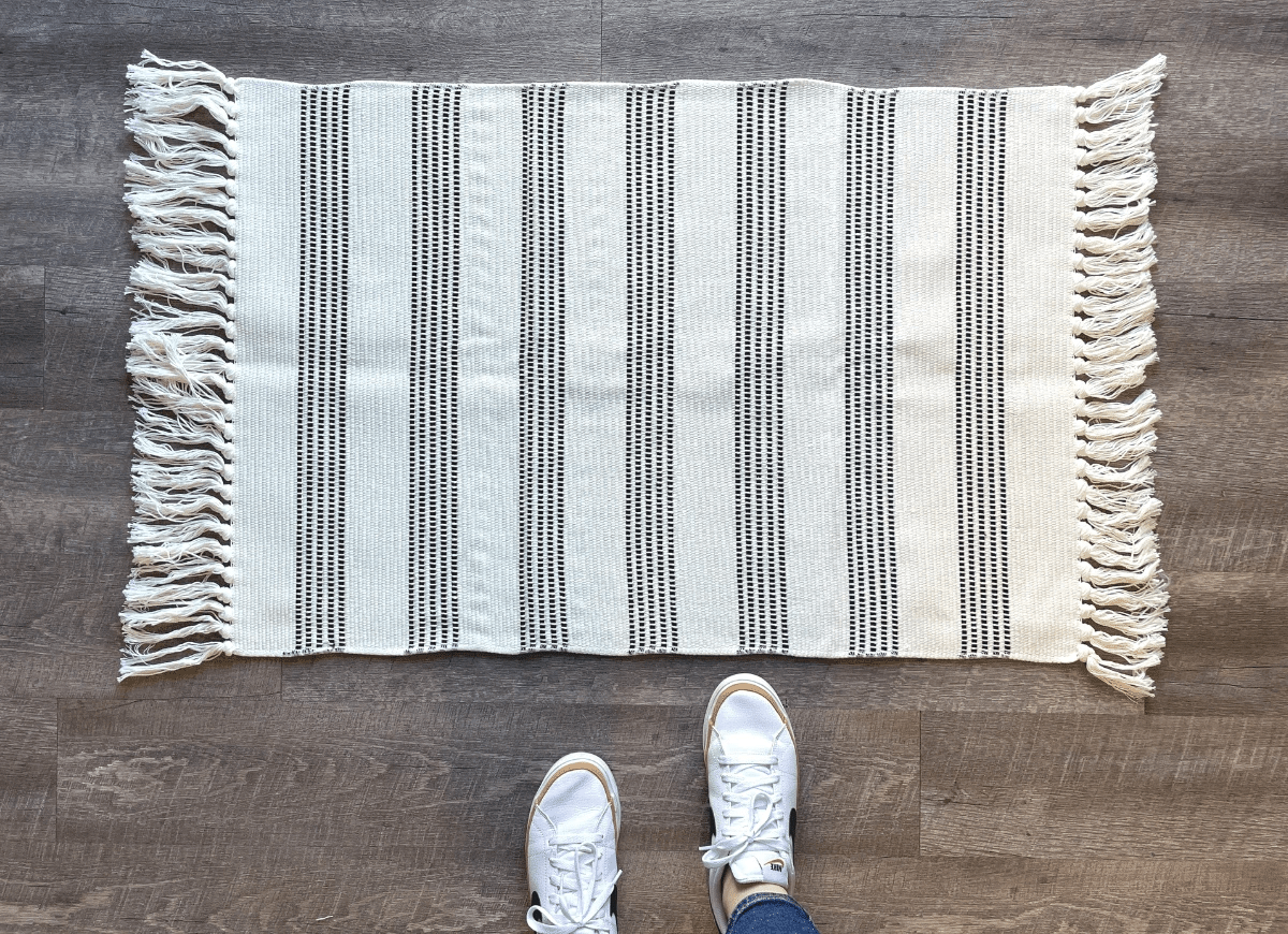 Black and White Striped Accent Rug With Fringe by Nickel Designs Custom Doormats