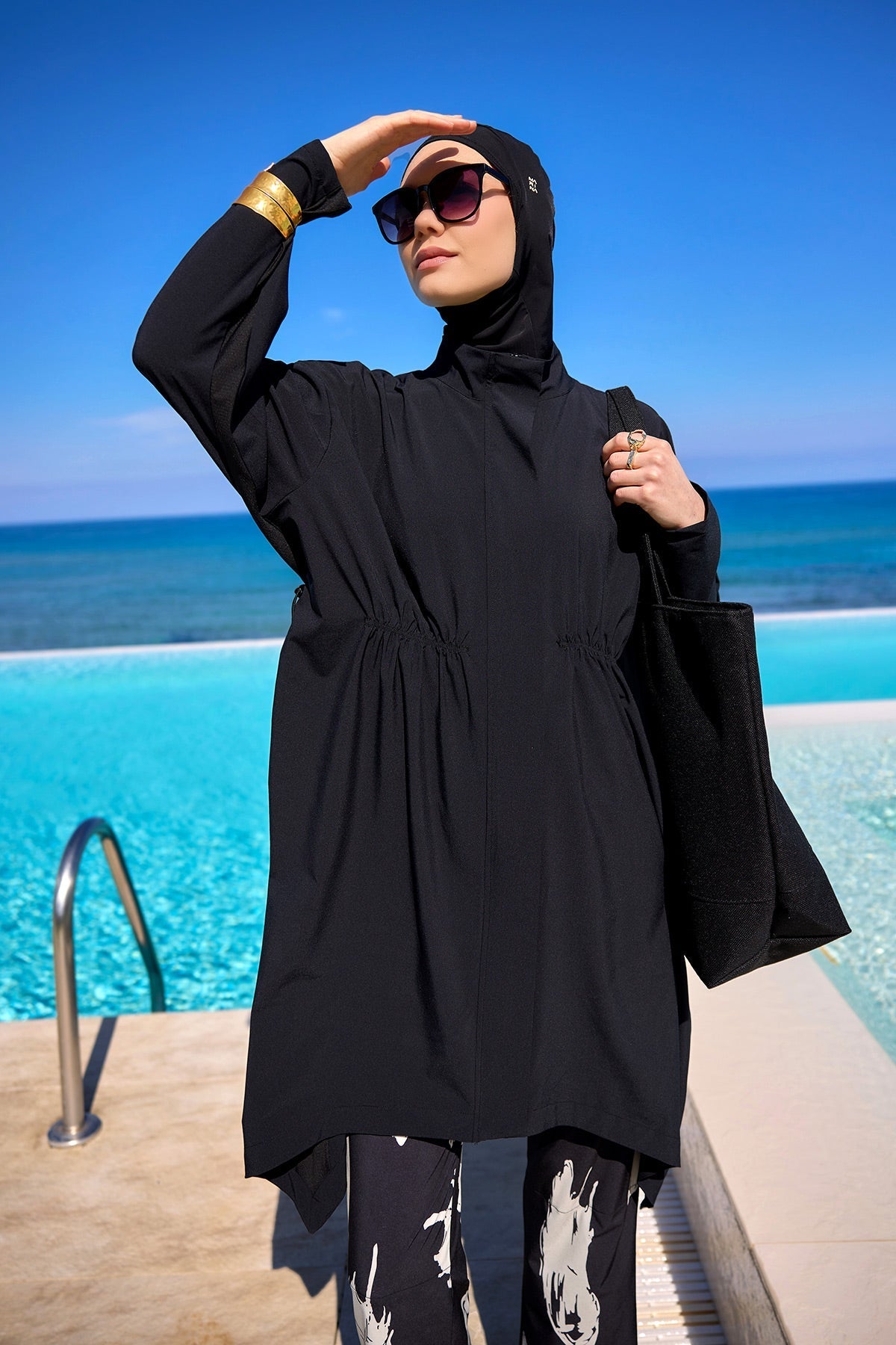 Black Asymmetric Cut Premium Full Coverage Swimwear Set M2503-3 Covered Burkini Swimwear La Vie Bien Black Asymmetric Cut Premium Full Coverage Swimwear Set M2503-3