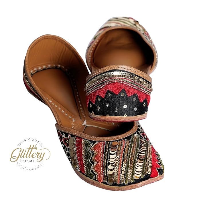 Black Ethnic Leather Punjabi Jutti with Sequence Work | Indian Women Footwear | Womens' Mojari | Khussa Shoes for Women | Indian Ballet Flats Jutti La Vie Bien Black Ethnic Leather Punjabi Jutti with Sequence Work | Indian Women Footwear | Womens' Mojari | Khussa Shoes for Women | Indian Ballet Flats