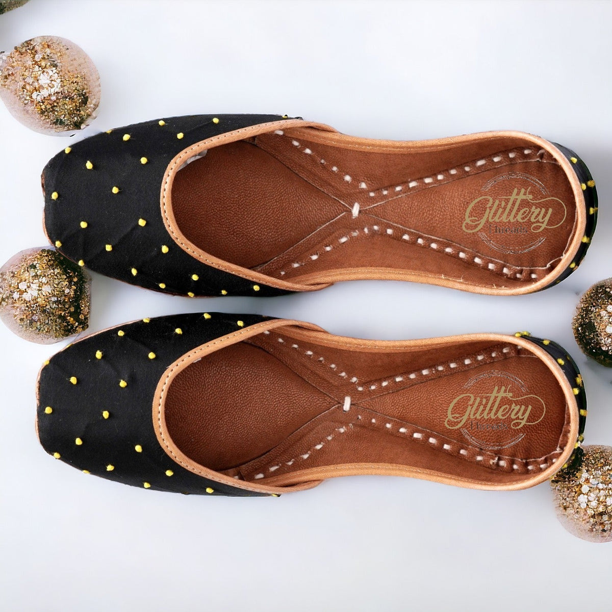Black Ethnic Punjabi Leather Jutti with Mini Pompom Thread Work | Women's Traditional Wear Mojari | Women Khussa Shoes | Indian Ballet Flats Jutti La Vie Bien Black Ethnic Punjabi Leather Jutti with Mini Pompom Thread Work | Women's Traditional Wear Mojari | Women Khussa Shoes | Indian Ballet Flats