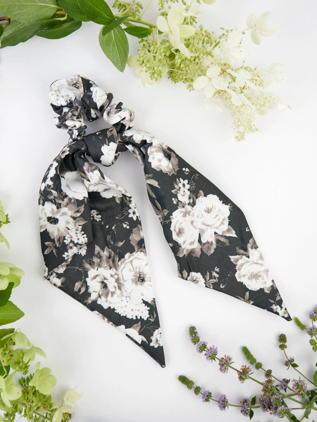Black Floral Scarf Scrunchie by Ash & Rose