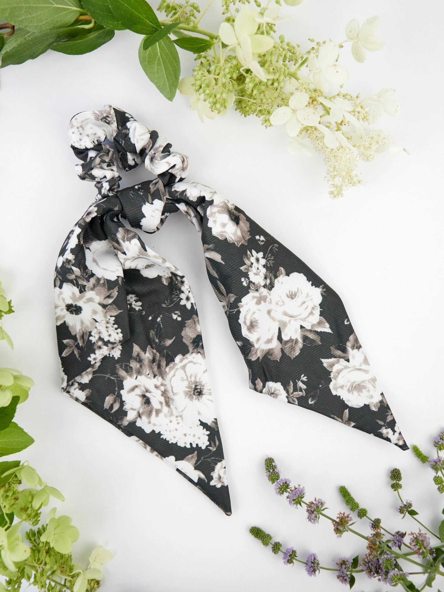 Black Floral Scarf Scrunchie by Ash & Rose
