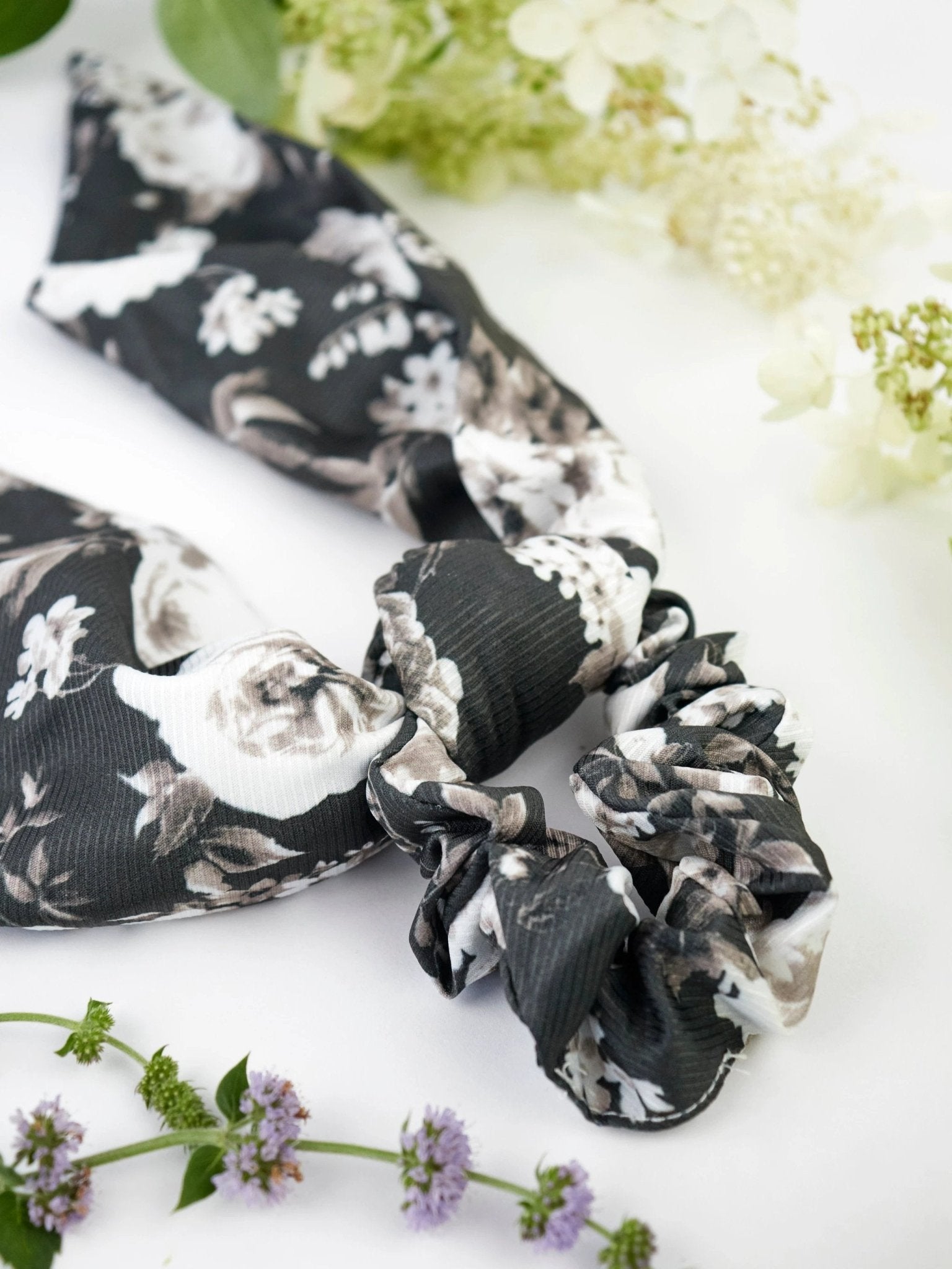 Black Floral Scarf Scrunchie by Ash & Rose