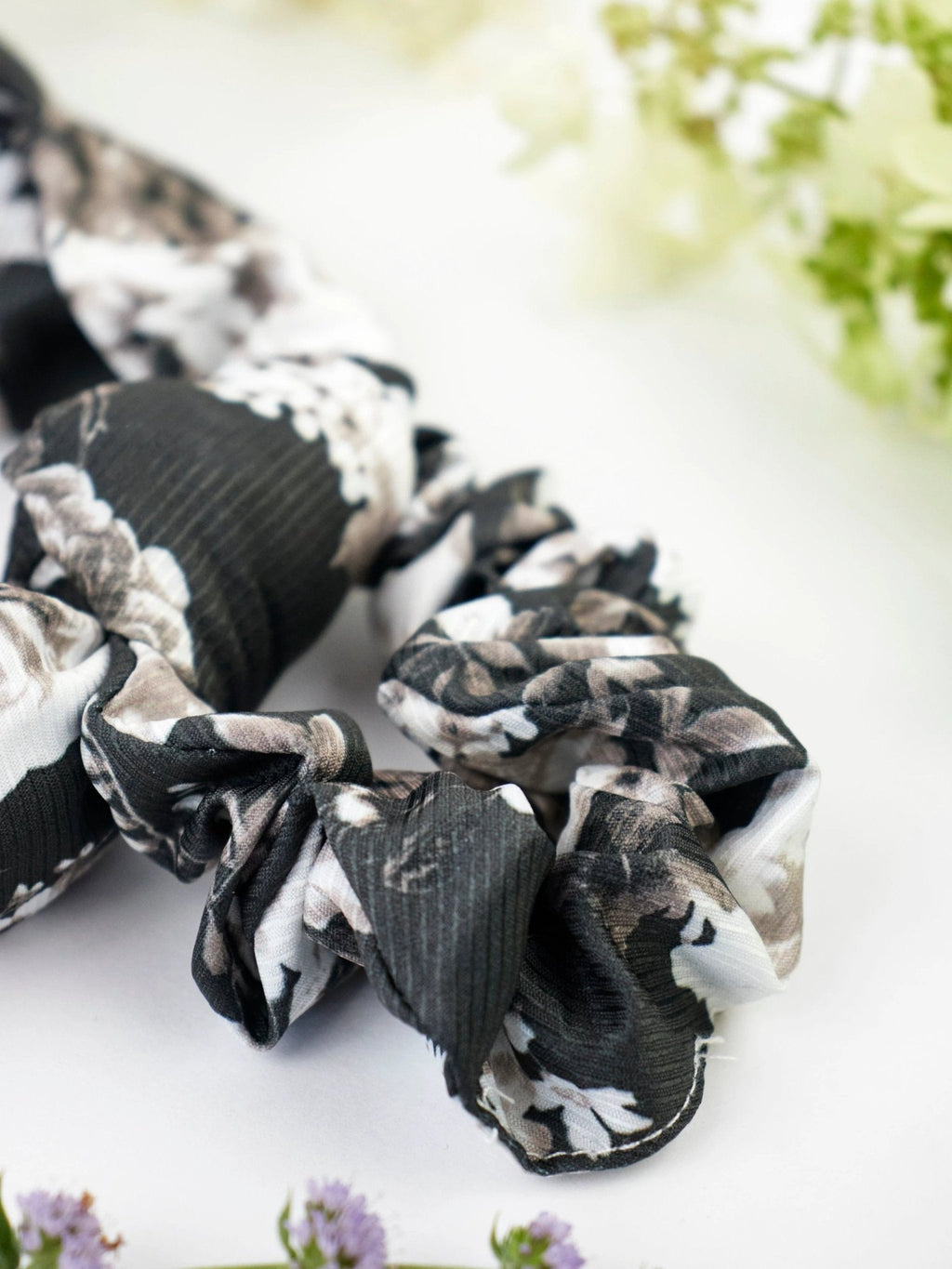 Black Floral Scarf Scrunchie by Ash & Rose