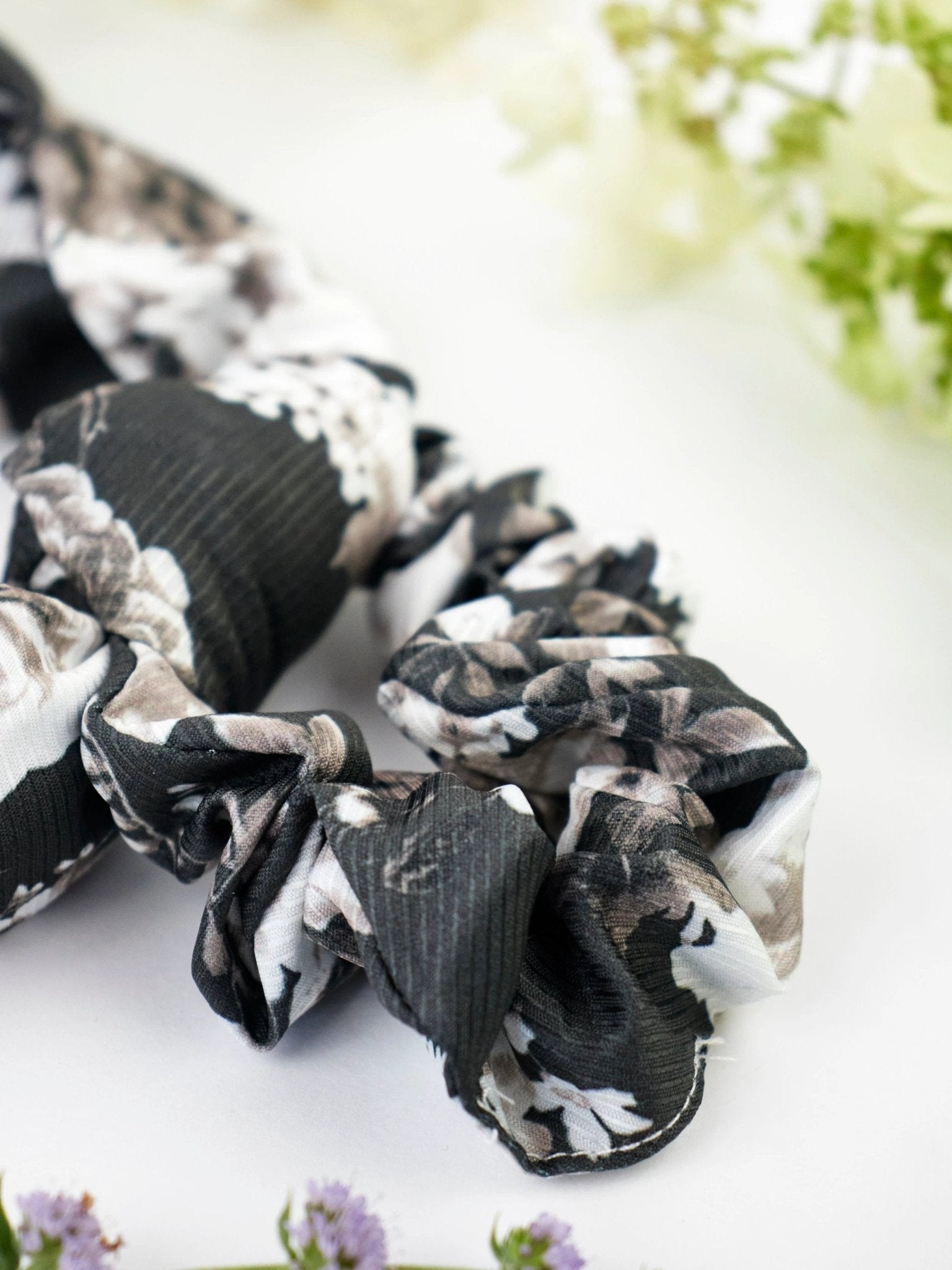 Black Floral Scarf Scrunchie by Ash & Rose
