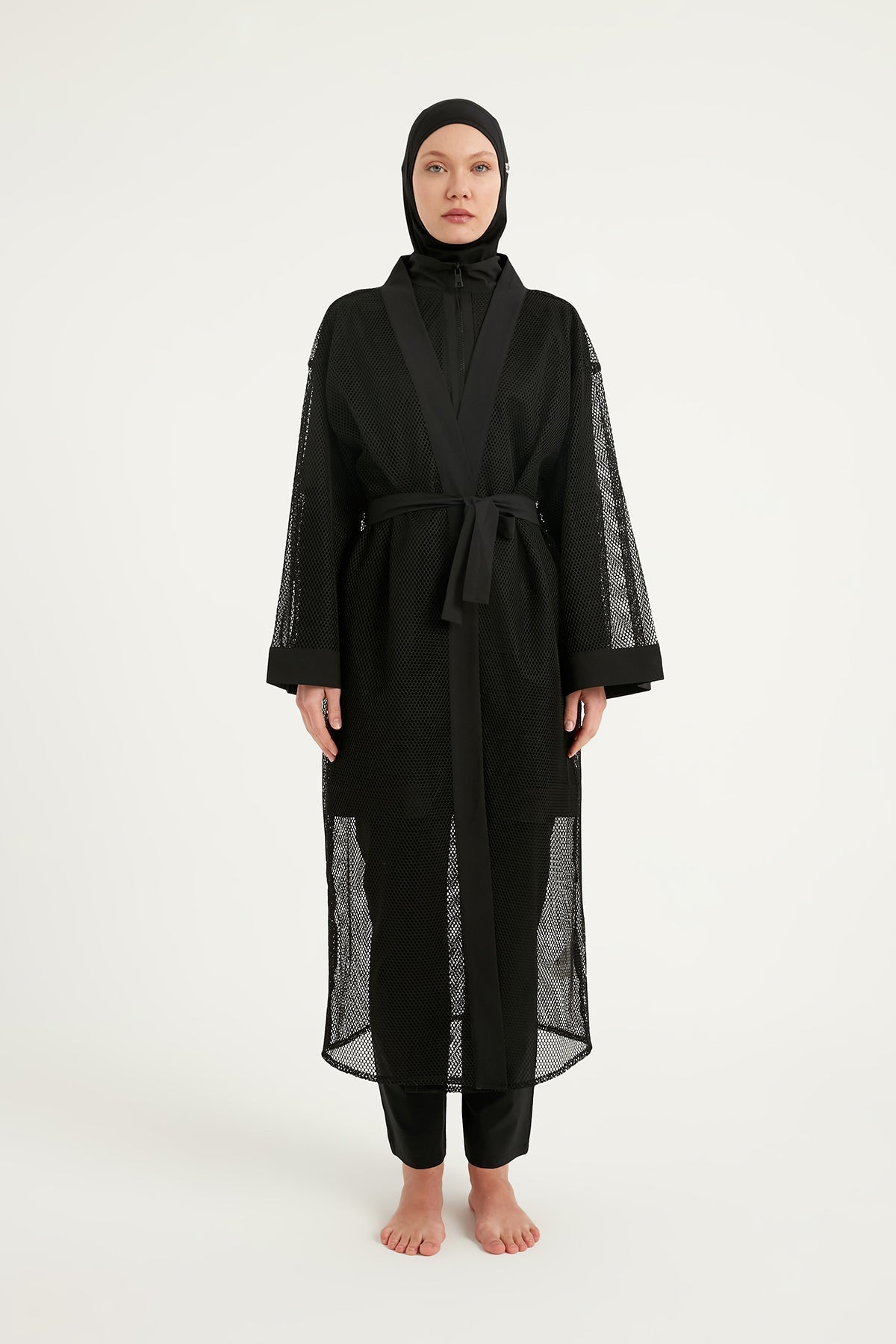 Black Full Coverage Mesh Kimono – Lightweight Islamic Beach Cover-Up P2501-1 Pareo La Vie Bien Black Full Coverage Mesh Kimono – Lightweight Islamic Beach Cover-Up P2501-1