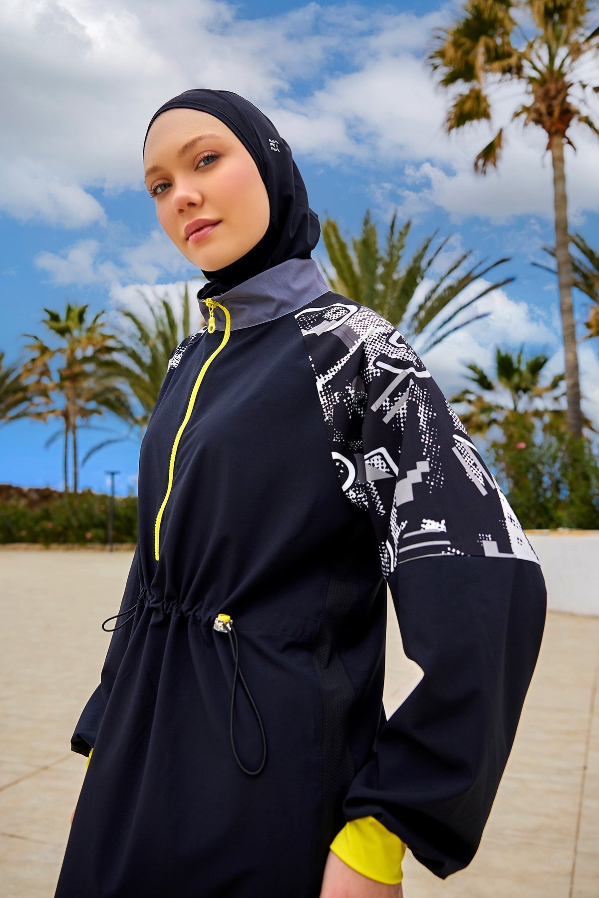Black Full Coverage Modest Burkini with Sleeve Detail M2512 Covered Burkini Swimwear La Vie Bien Black Full Coverage Modest Burkini with Sleeve Detail M2512