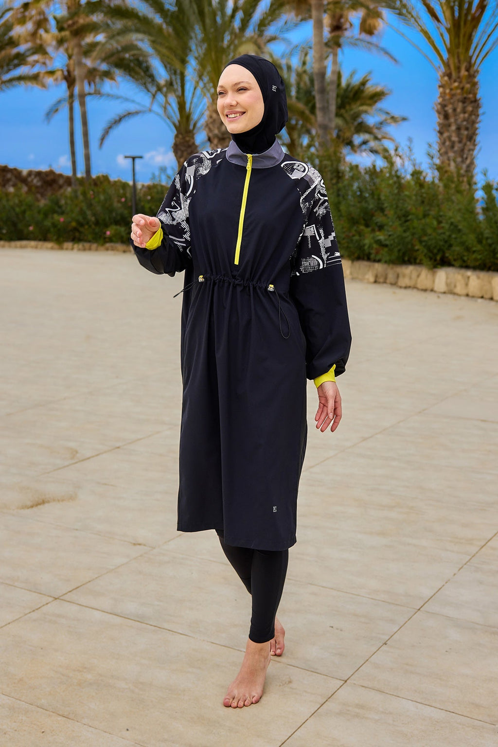 Black Full Coverage Modest Burkini with Sleeve Detail M2512 Covered Burkini Swimwear La Vie Bien Black Full Coverage Modest Burkini with Sleeve Detail M2512