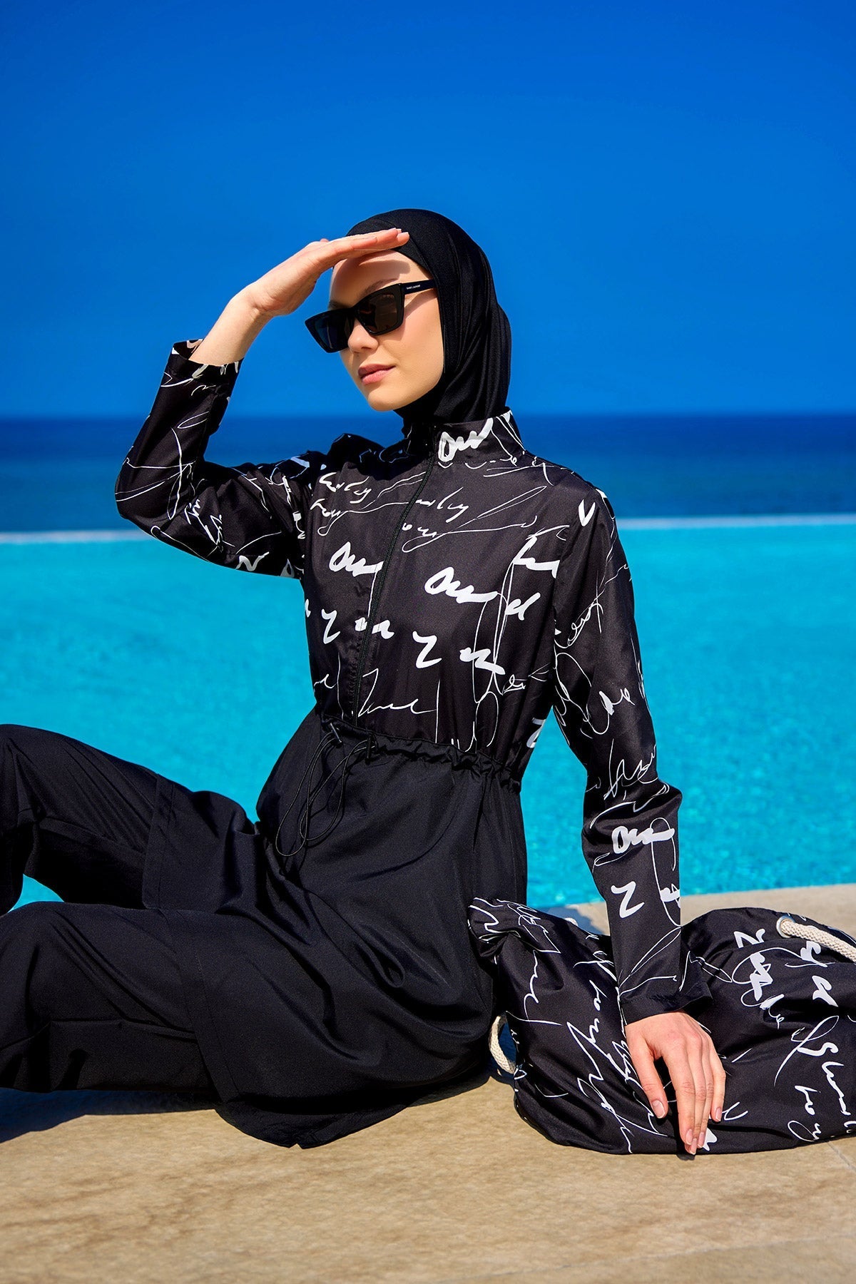 Black Full Coverage Modest Swimwear Set for Women R2501 Covered Burkini Swimwear La Vie Bien Black Full Coverage Modest Swimwear Set for Women R2501
