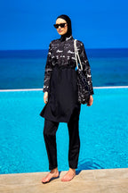 Black Full Coverage Modest Swimwear Set for Women R2501 Covered Burkini Swimwear La Vie Bien Black Full Coverage Modest Swimwear Set for Women R2501