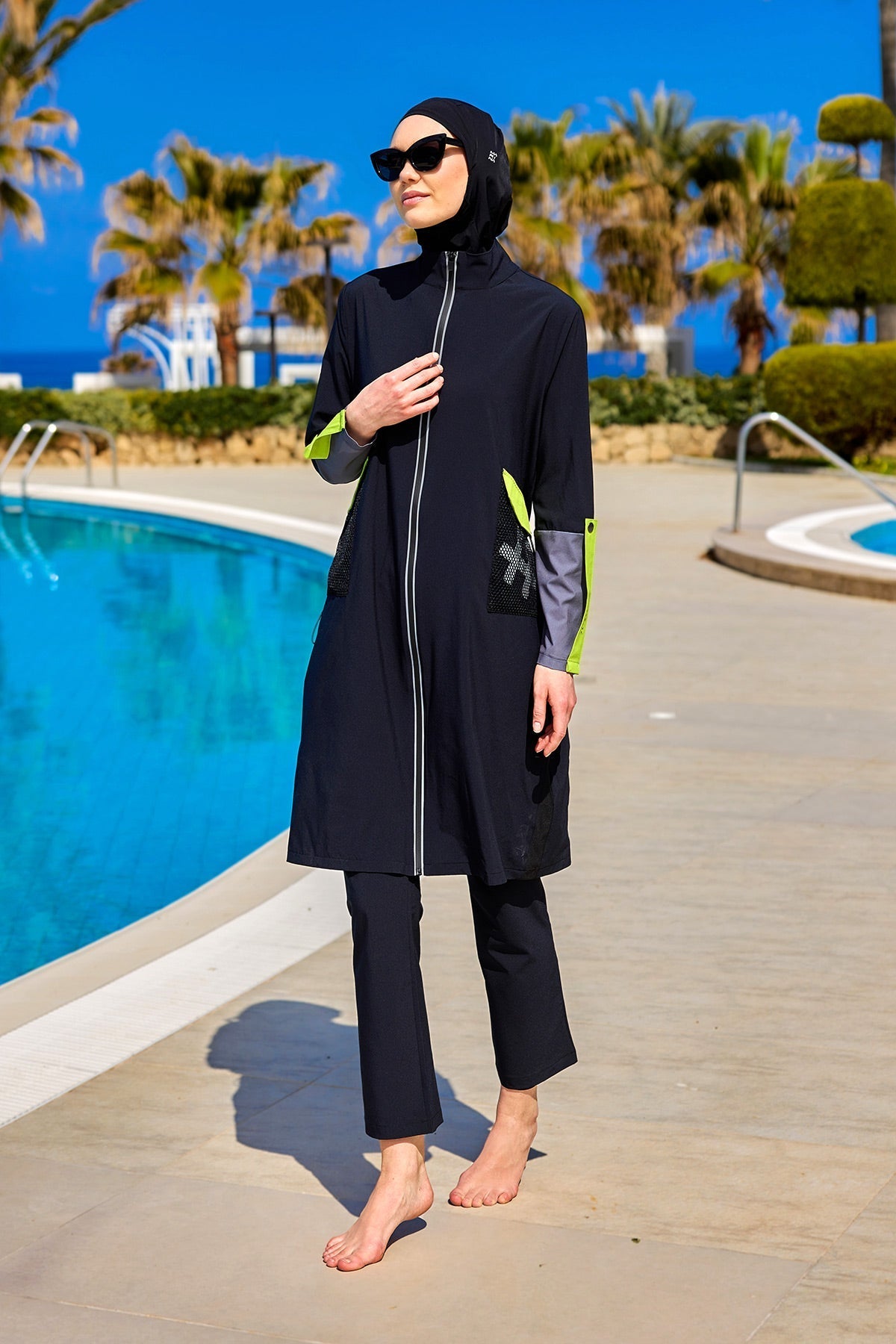 Black Full Coverage Modest Swimwear with Mesh Pocket – M2522 Covered Burkini Swimwear La Vie Bien Black Full Coverage Modest Swimwear with Mesh Pocket – M2522