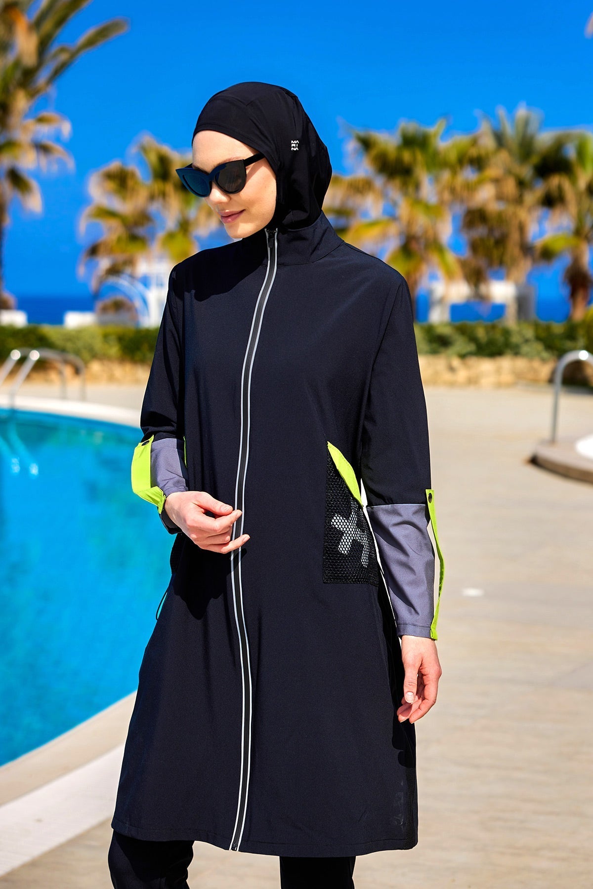 Black Full Coverage Modest Swimwear with Mesh Pocket – M2522 Covered Burkini Swimwear La Vie Bien Black Full Coverage Modest Swimwear with Mesh Pocket – M2522