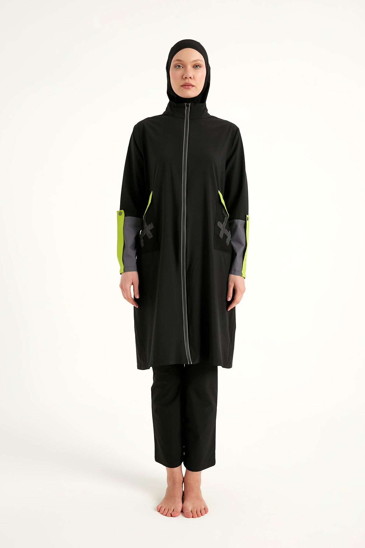Black Full Coverage Modest Swimwear with Mesh Pocket – M2522 Covered Burkini Swimwear La Vie Bien Black Full Coverage Modest Swimwear with Mesh Pocket – M2522