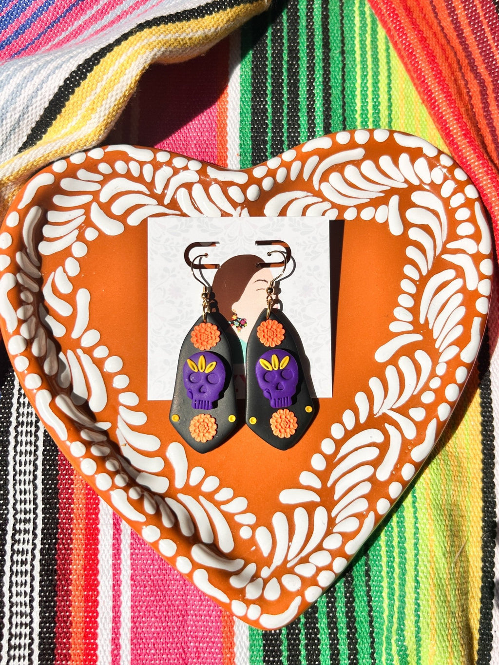 Black Marigold with Purple Skull earrings La Vie Bien Black Marigold with Purple Skull