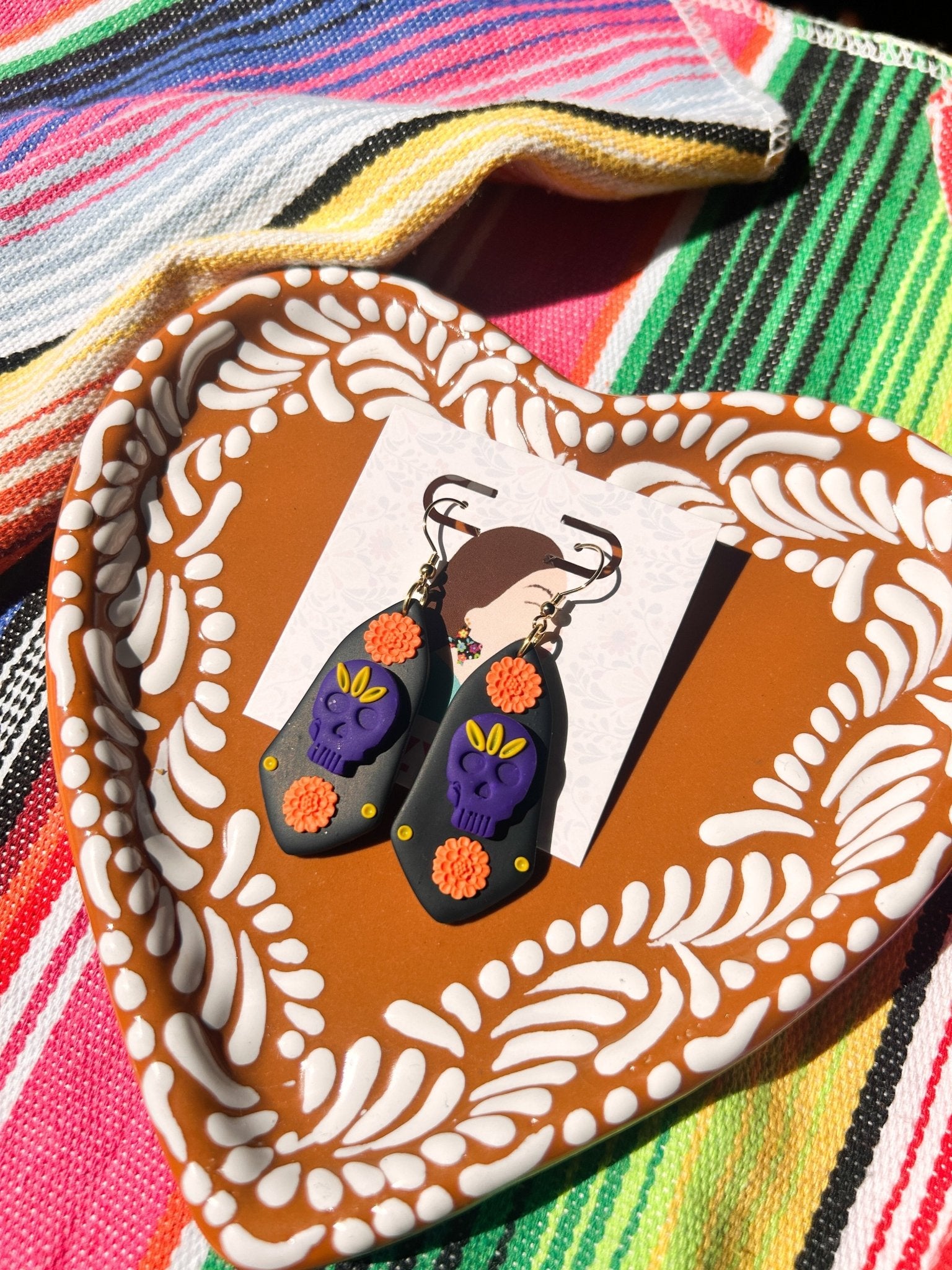 Black Marigold with Purple Skull earrings La Vie Bien Black Marigold with Purple Skull