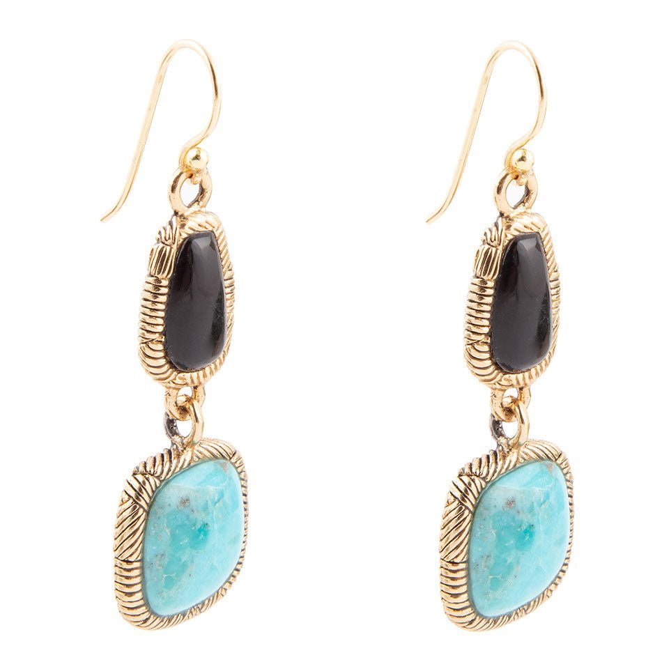 Black Onyx and Blue turquoise Golden Bronze Drop Earrings Earrings La Vie Bien Black Onyx and Blue turquoise Golden Bronze Drop Earrings