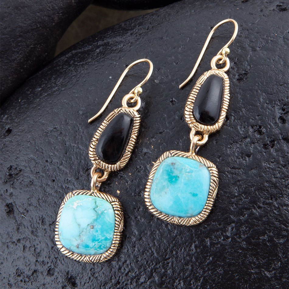 Black Onyx and Blue turquoise Golden Bronze Drop Earrings Earrings La Vie Bien Black Onyx and Blue turquoise Golden Bronze Drop Earrings