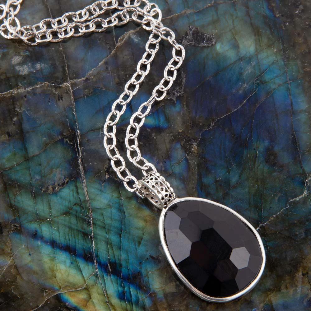 Black Onyx and Sterling Silver Teardrop Pendant Necklace by Barse Jewelry