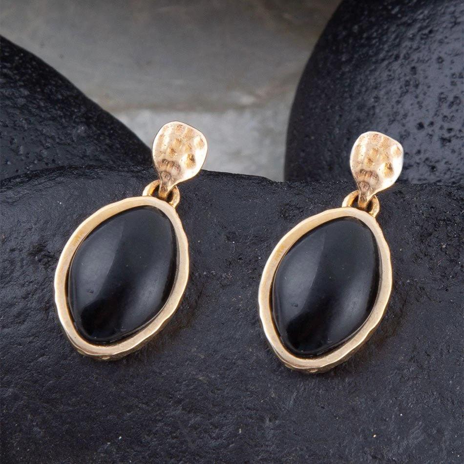 Black Onyx Hammered Post Drop Golden Earrings by Barse Jewelry