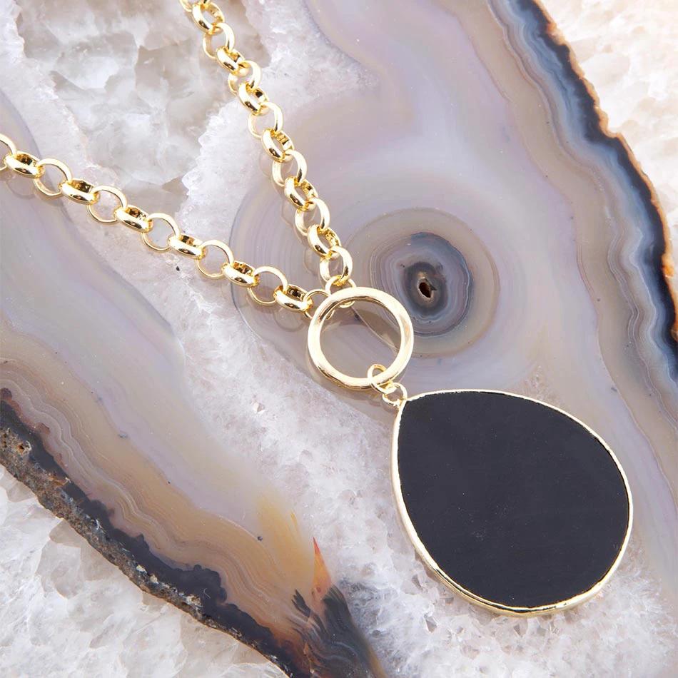 Black Onyx Teardrop Golden Chain Necklace by Barse Jewelry