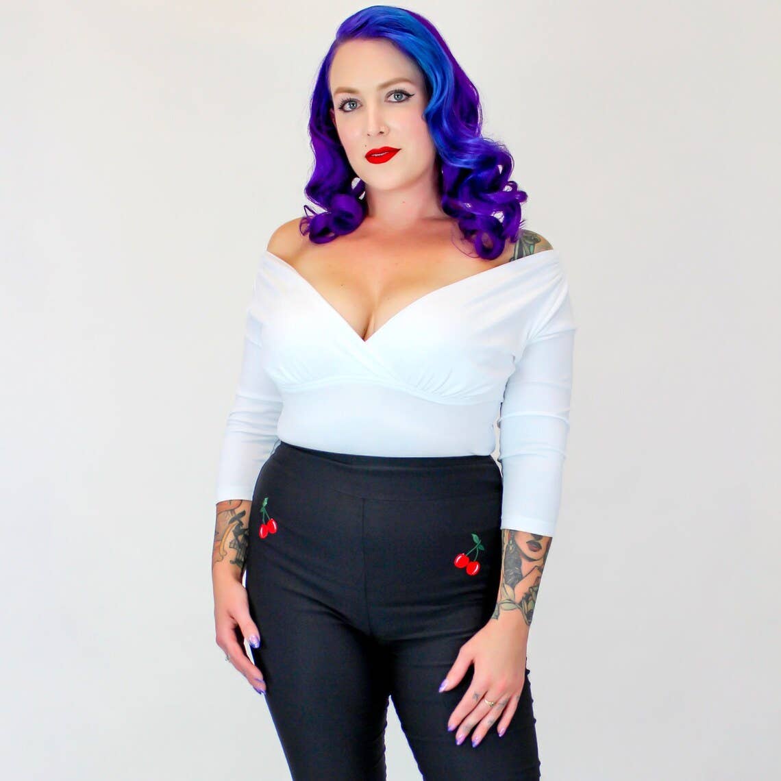 Black Pin Up High Waist Capri Pants with Embroidered Cherries [Available in Sizes SM - L]