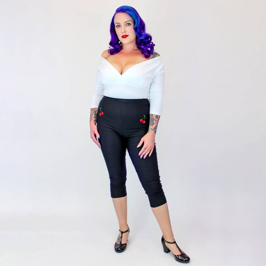 Black Pin Up High Waist Capri Pants with Embroidered Cherries [Available in Sizes SM - L]