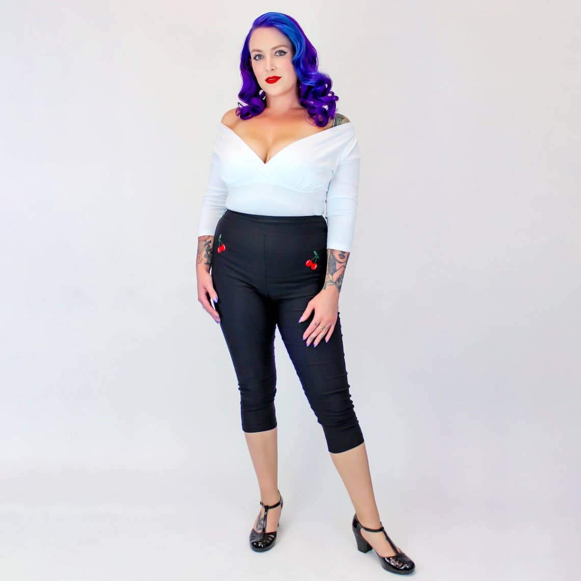 Black Pin Up High Waist Capri Pants with Embroidered Cherries [Available in Sizes SM - L]