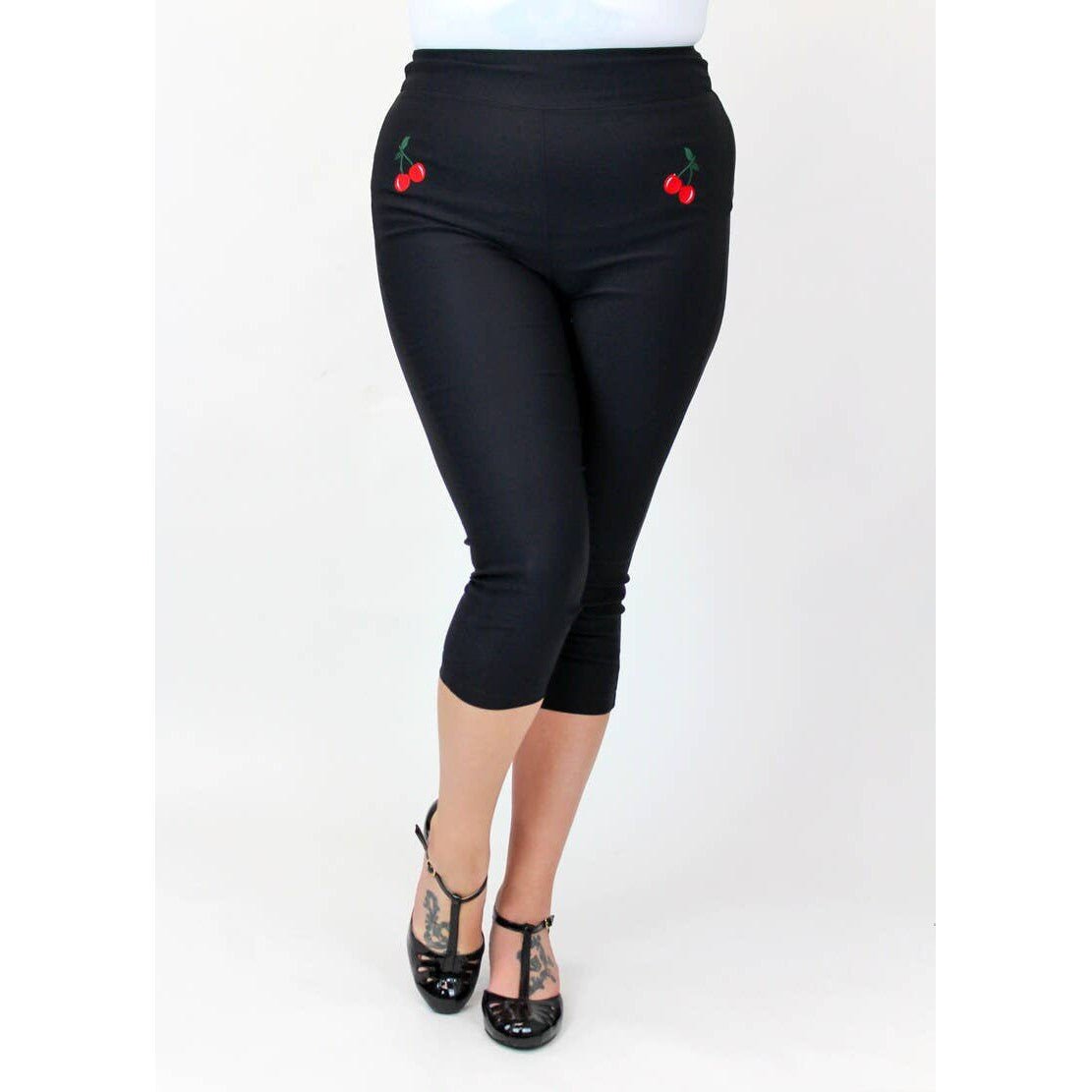 Black Pin Up High Waist Capri Pants with Embroidered Cherries [Available in Sizes SM - L]