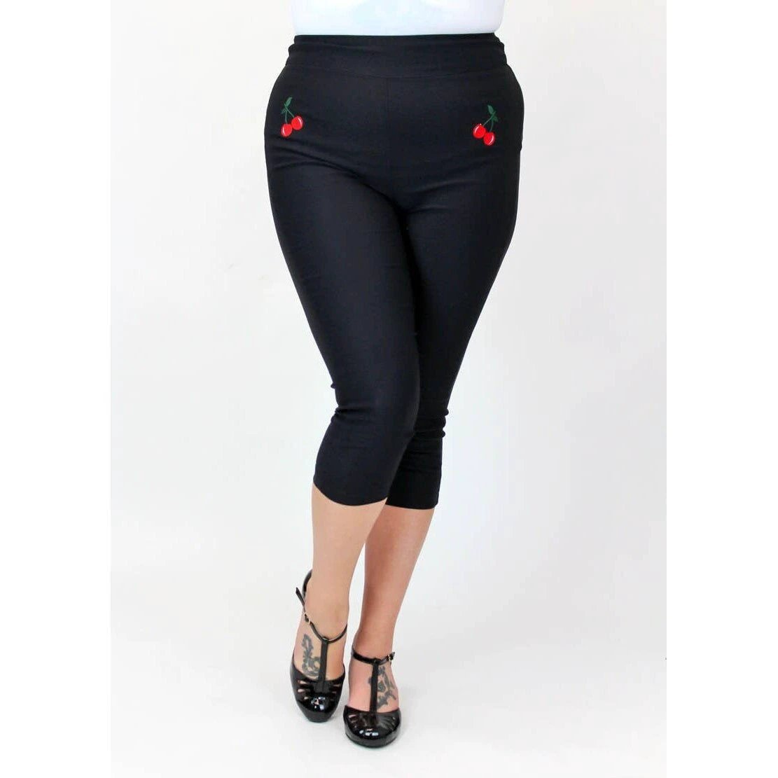 Black Pin Up High Waist Capri Pants with Embroidered Cherries [Available in Sizes SM-L] by The Bullish Store