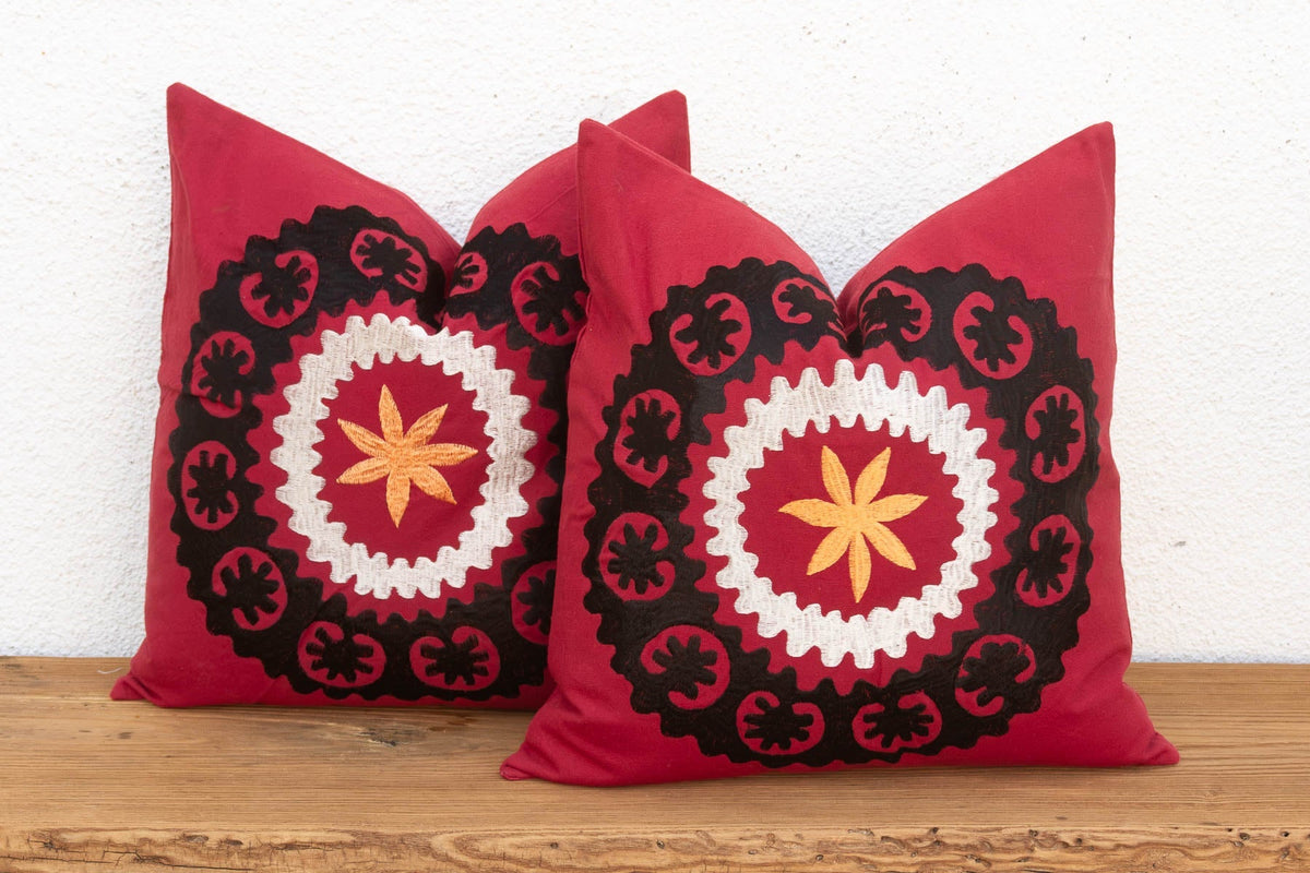 Black Scalloped Suzani Pillow Covers, Pair La Vie Bien Black Scalloped Suzani Pillow Covers, Pair