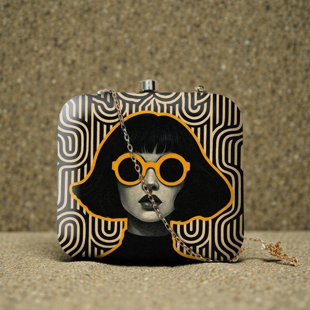Black Stylish Clutch with Women Portrait Wearing Goggle Clutch La Vie Bien Black Stylish Clutch with Women Portrait Wearing Goggle