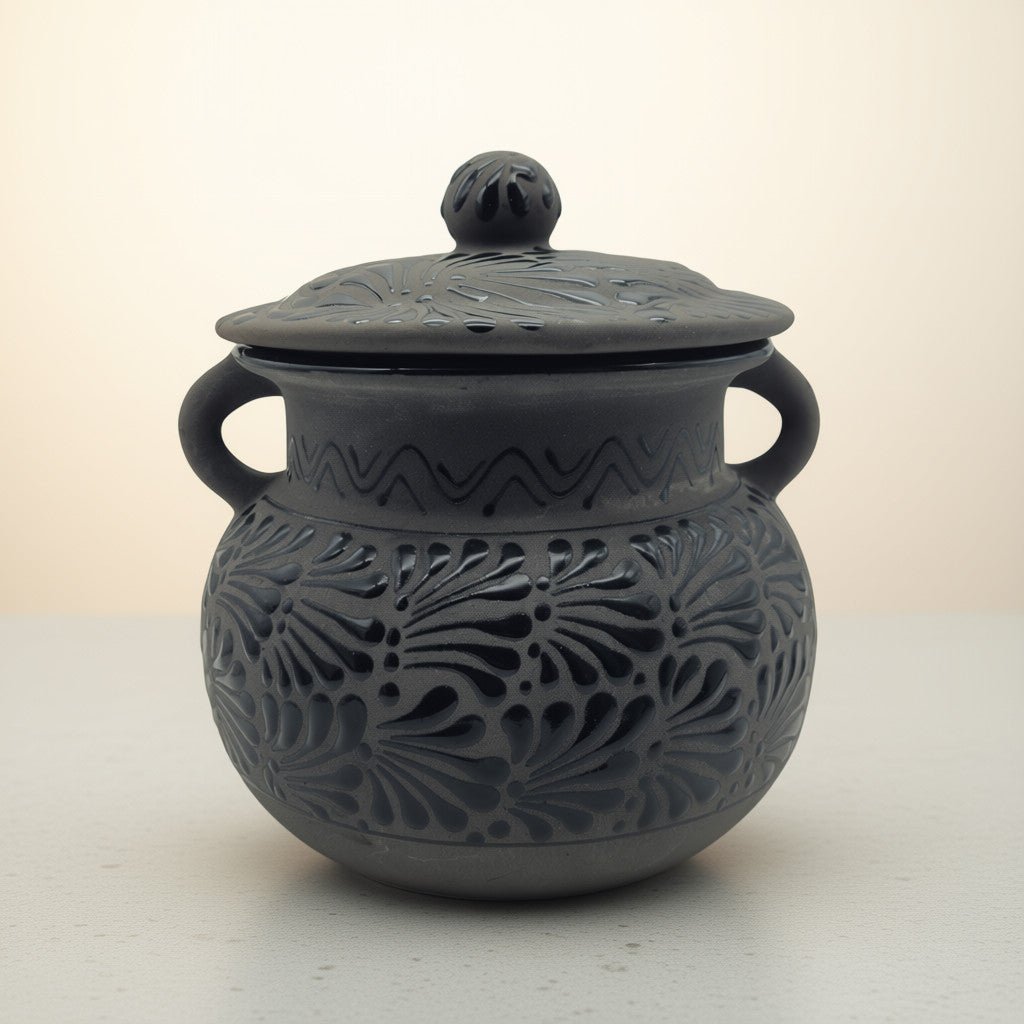 Black Talavera Bean Pot with Lid | Mexican Clay Frijolero Talavera Frijolero La Vie Bien Black Talavera Bean Pot with Lid | Mexican Clay Frijolero