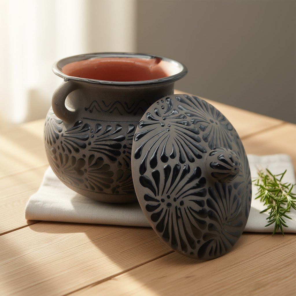 Black Talavera Bean Pot with Lid | Mexican Clay Frijolero Talavera Frijolero La Vie Bien Black Talavera Bean Pot with Lid | Mexican Clay Frijolero