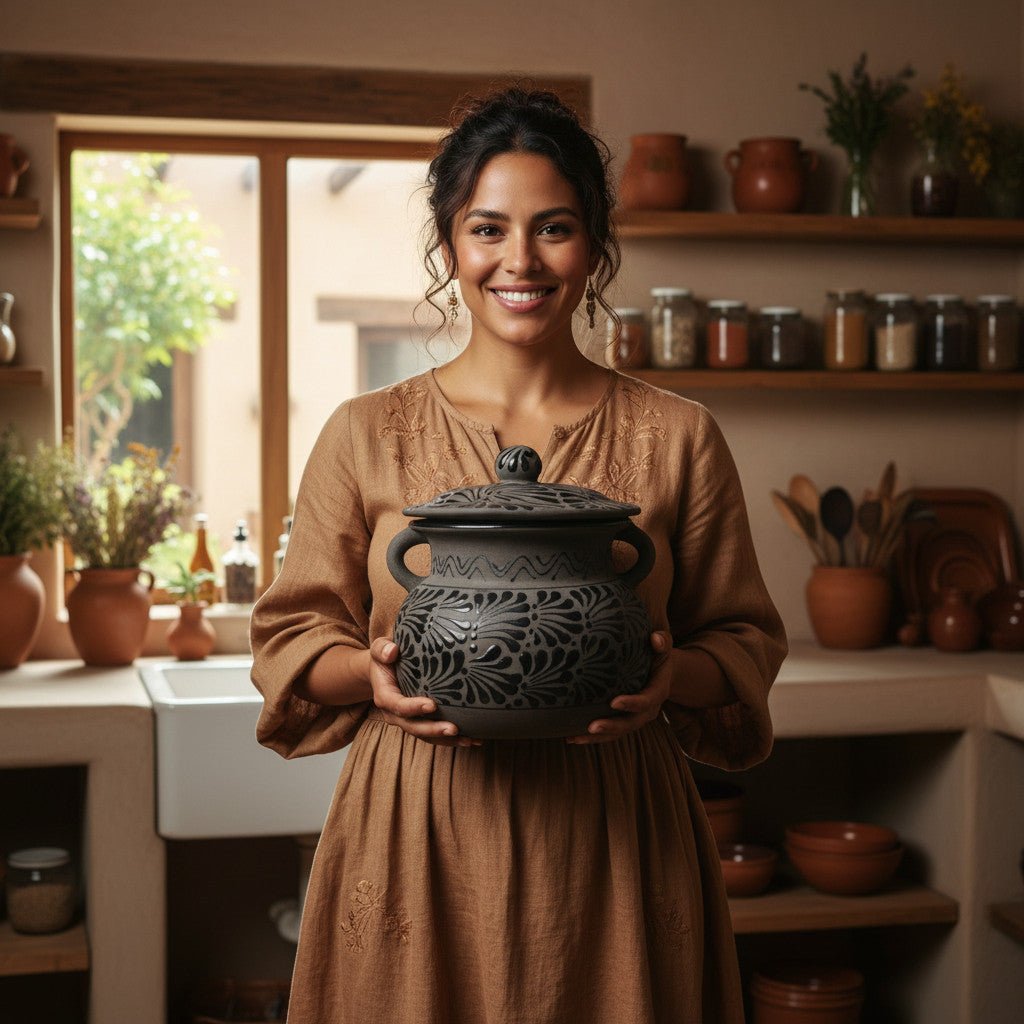 Black Talavera Bean Pot with Lid | Mexican Clay Frijolero Talavera Frijolero La Vie Bien Black Talavera Bean Pot with Lid | Mexican Clay Frijolero