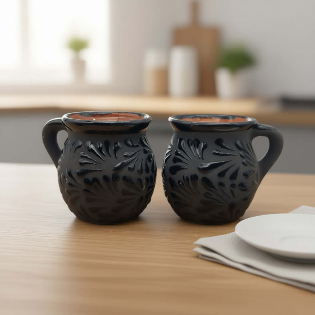 Black Talavera Jarrito Mug | Handmade Mexican Clay Coffee Cup Talavera Mug La Vie Bien Black Talavera Jarrito Mug | Handmade Mexican Clay Coffee Cup
